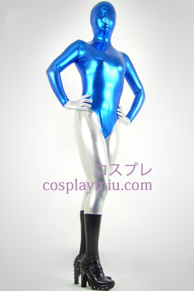 Black Blue And Silver Shiny Metallic Zentai Suit